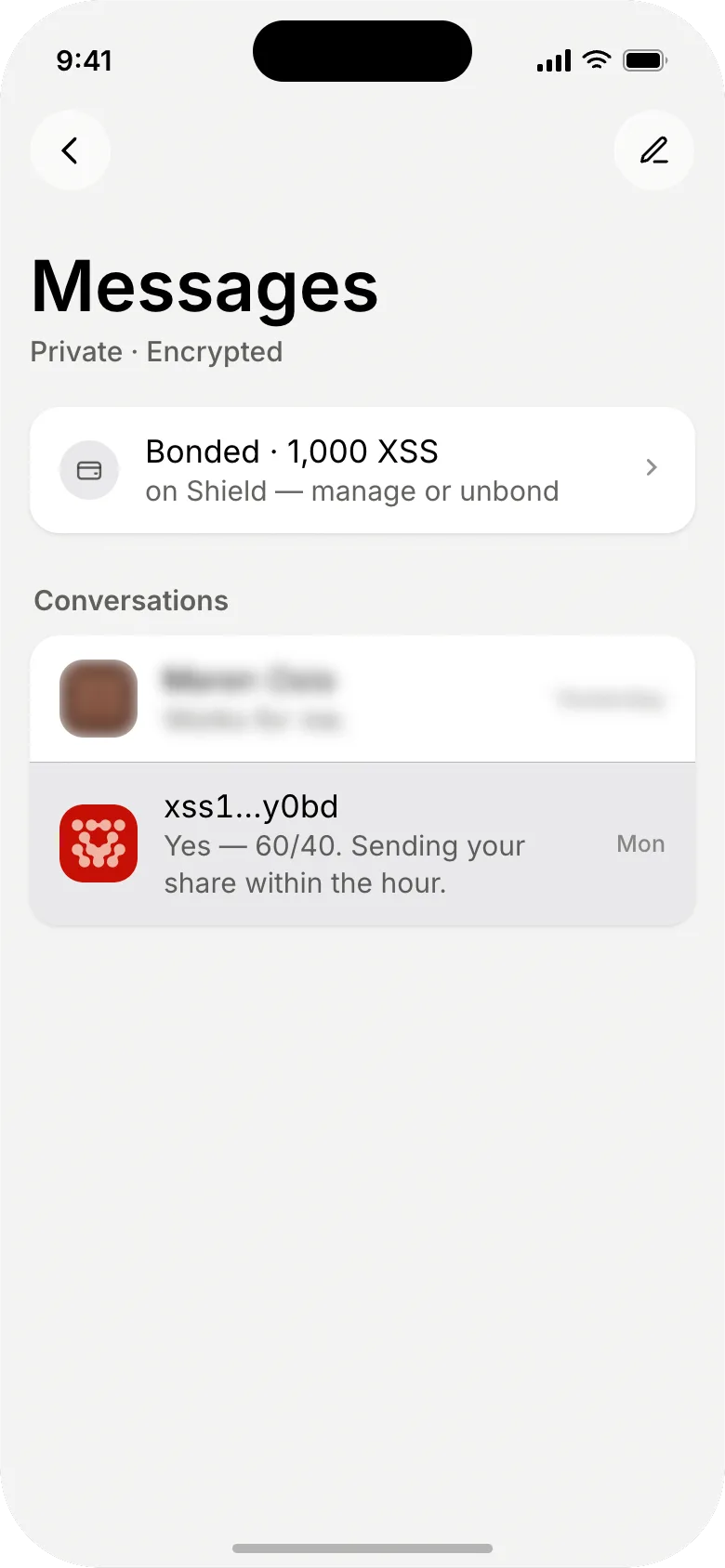 stealthsend mobile — conversation list with every row blurred until tapped