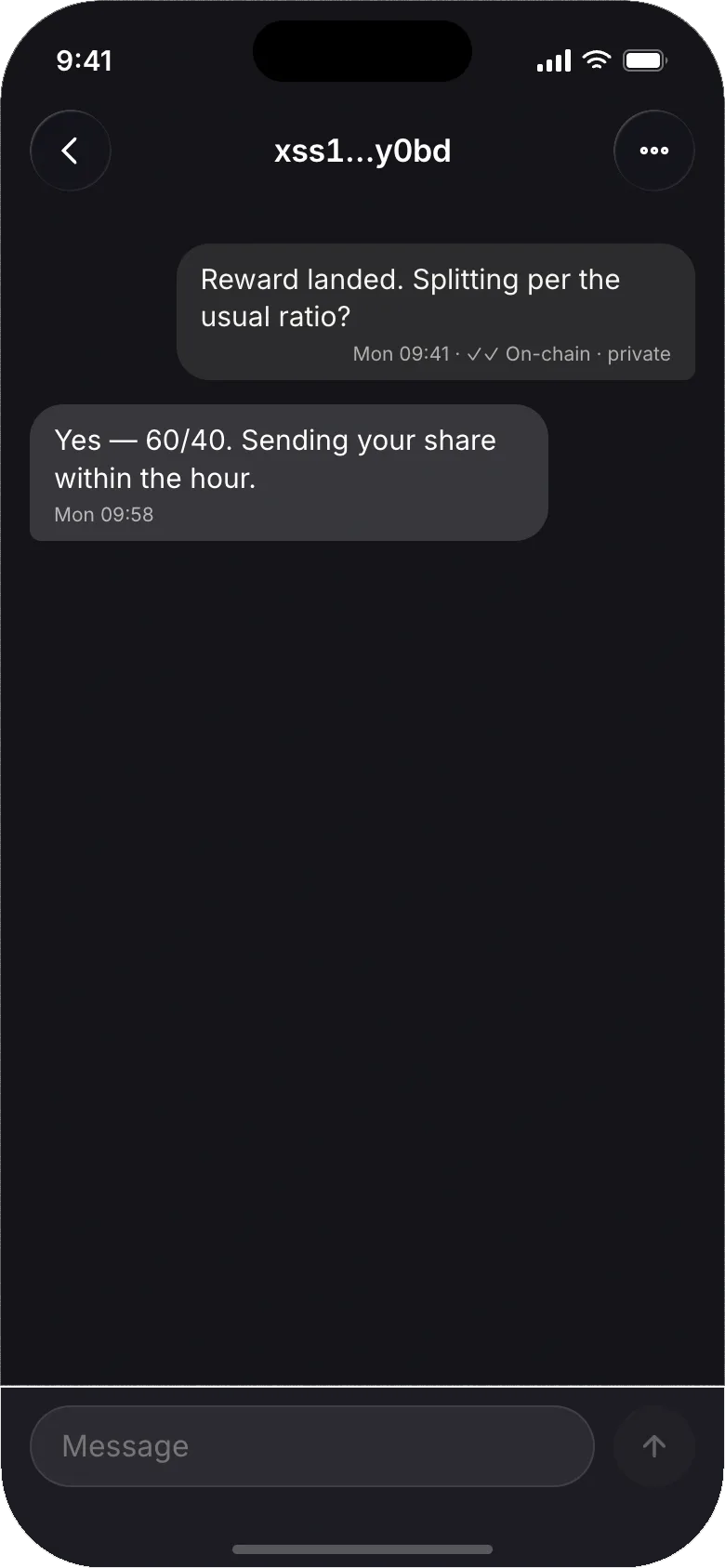 stealthsend mobile app — a private, on-chain conversation