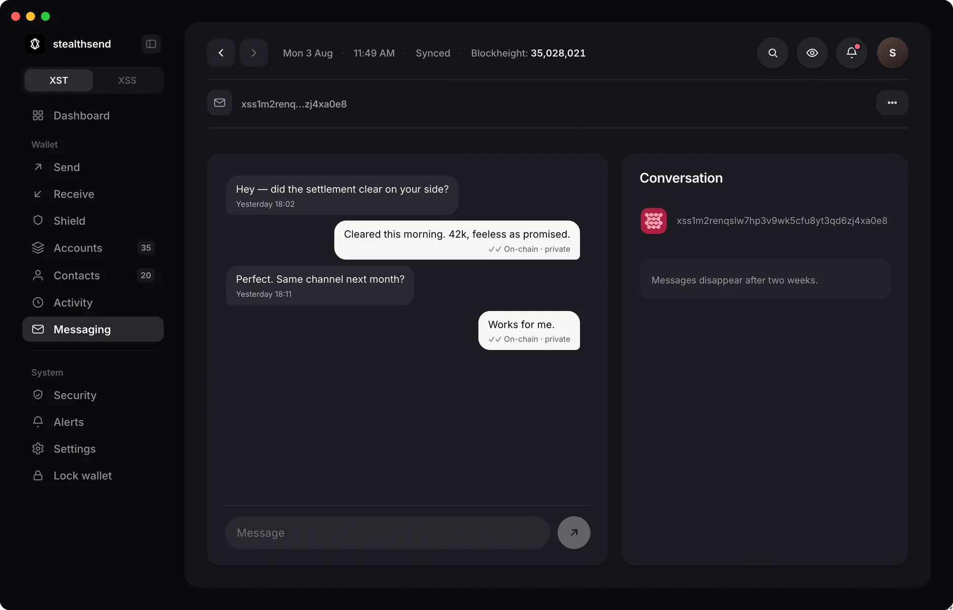 stealthsend desktop app with the Messaging tab open beside Send, Receive and Shield — a private, on-chain conversation
