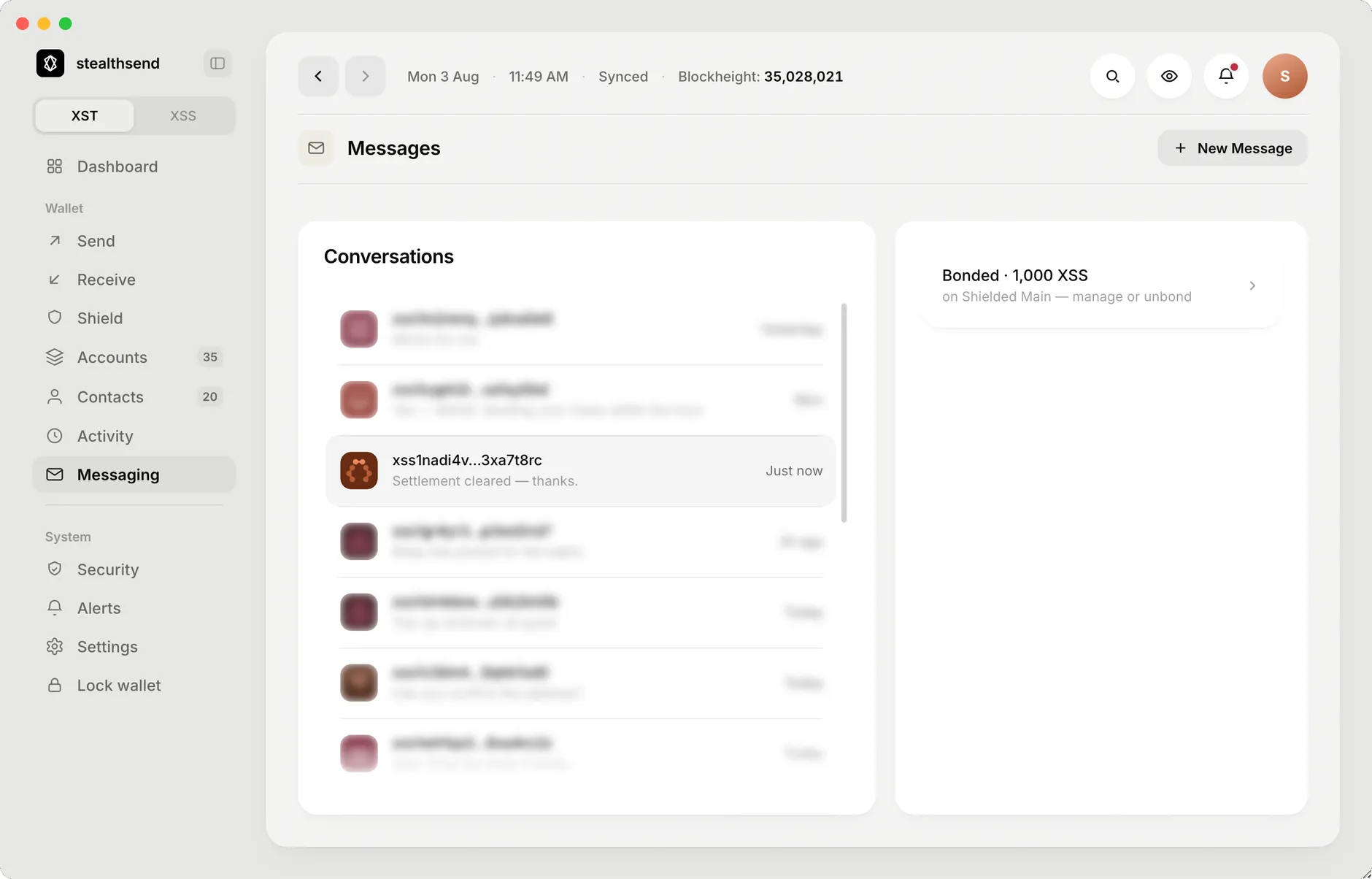 stealthsend desktop — conversation list with every row blurred until hovered